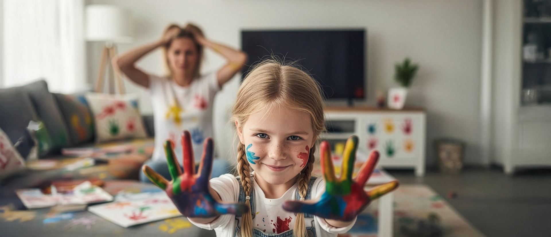 Ein kleines Mädchen, welches mit Farbe beschmiert ist. Im Hintergrund sitzt die verzweifelte Mutter. | © ki generiert